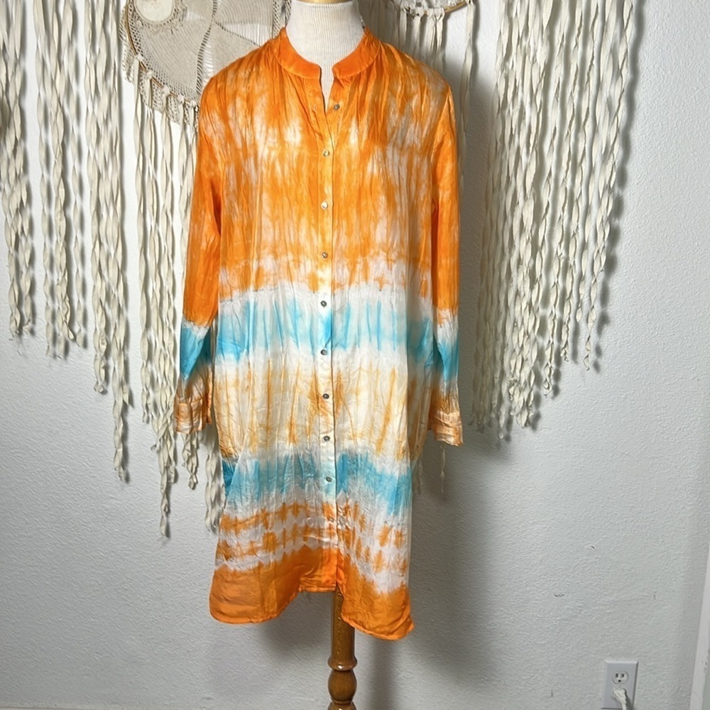 Soft Surroundings NWT Silk Tie Dye Long Sleeve Button Down Cover up Shirt Dress